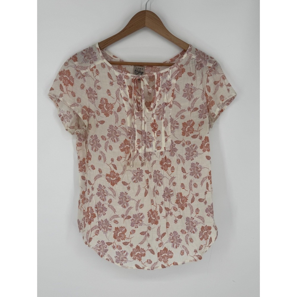 Como Vintage Pink & White Peasant Style Short Sleeve Tie Blouse Women's Sz Lg K6